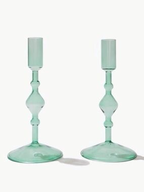 Green Glass Candlestick Holders - Set Of 2